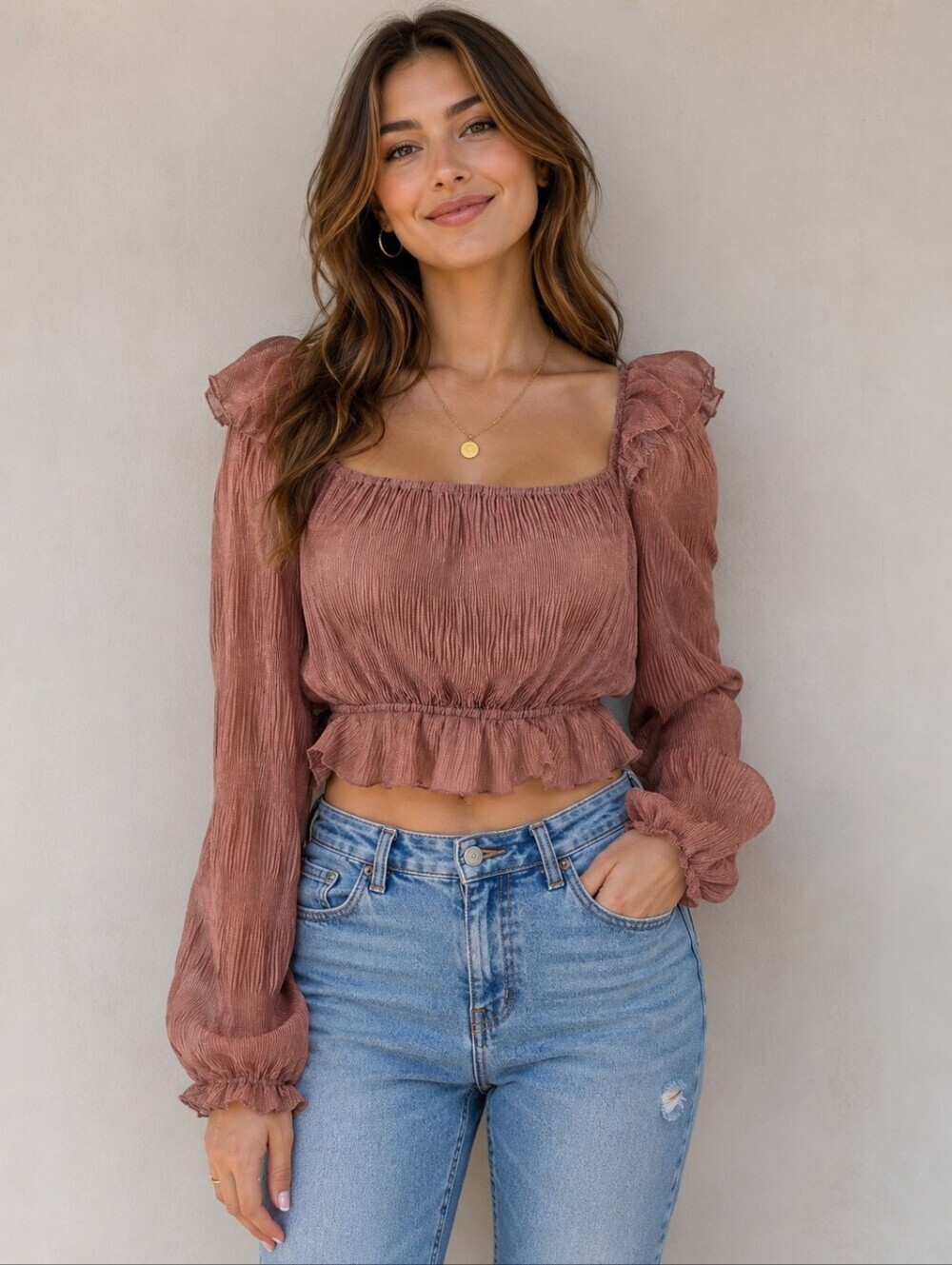 Romantic Dusty Rose Boho Crop Top | Semi-Sheer Ruffle Blouse | Size Small